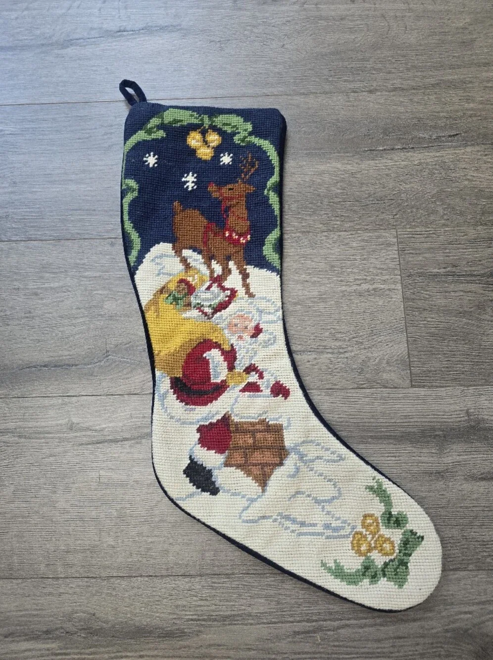 Needlepoint Santa & Reindeer Chimney Christmas Stocking Holiday Cottagecore